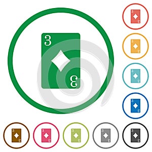 Three of diamonds card flat icons with outlines