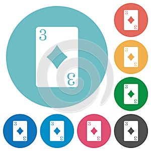 Three of diamonds card flat round icons