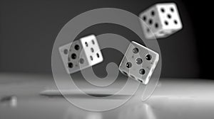 Three Dice Mid-Air with Focus on Foreground in Monochrome. Capturing Motion and Chance. Perfect for Gaming and