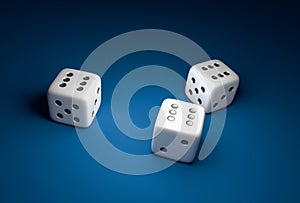 Three dice with number six on blue casino background