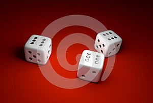 Three dice with number six on red casino background