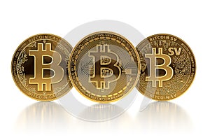 Three different Bitcoin coins after forks. Bitcoin BTC facing Bitcoin Cash BCH and Bitcoin Satoshi Vision BSV concept. 3D