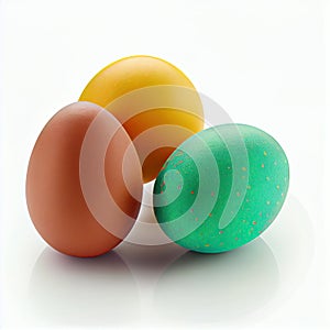 three different colored easter eggs on a white background. Generative AI