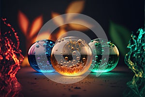 three different colored glass vases with water inside of them on a table with a black background and a green leaf