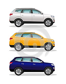 Three different colors cars on white background. Luxury offroad vehicles, white, yellow, blue. Realistic crossover