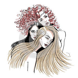 Three different colours hair style women sketch