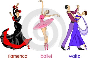 Three different dance styles in cartoon style