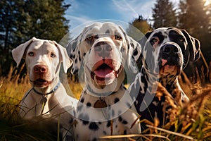 Three different dogs on a walk in the field