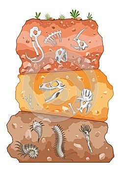 Three different eras of Earth history. Fossil dinosaurs, elements for paleontology and archeology works. Scene with