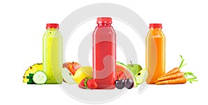 Bottles of Freshly Squeezed Fruit and Vegetable Juice on White photo