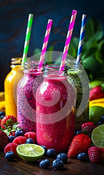 Three different fresh fruit smoothies with straws on wooden table