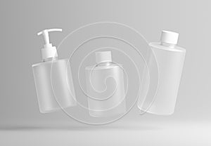 Three different frosted glass cosmetic product floating bottles set template on gray background 3D render