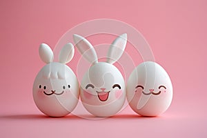 Three different funny painted Easter eggs with cute faces and bunny ears on empty pink background, symbol of happy Easter