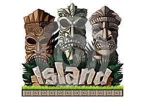 Three different idols in the style of Hawaii with the letters Island.