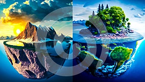 Three different images of an island with trees and water. global warming ozone holes greenhouse effect. Generative AI
