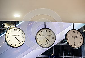 Three different international hanging wall clock, Los Angeles, Sa