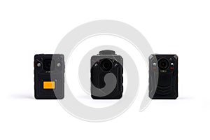 Three different kinds of Officer body cam. Personal Wearable Video Recorders, Portable DVR, camera isolated on white background.