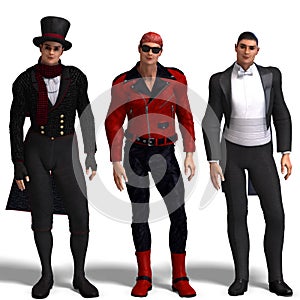 Three different outfits: Dandy, Biker, Formal