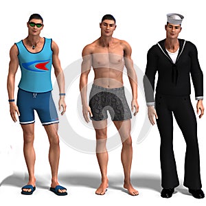 Three different outfits: Surfer, Swimmer, Sailor.