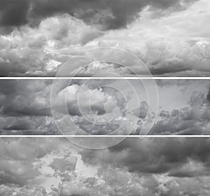 Three different panoramas of cloudy gray sky.