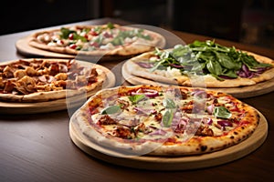 three different pizzas displayed side by side, showcasing variety