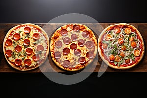 three different pizzas in panoramic composition