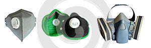 three different respirator for protect toxic atmosphere. Safety mask for pm 2.5 isolated and path