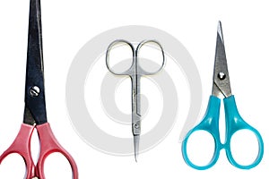 Three different scissors isolated on white background