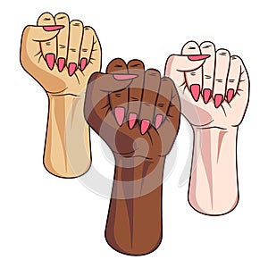 Three different skin colored female fists raised into air. Arm and hand of women. Feminist pride symbol for feminism united
