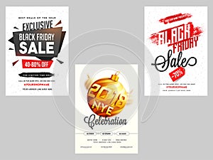 Three different style New Year and Black Friday sale banner or t