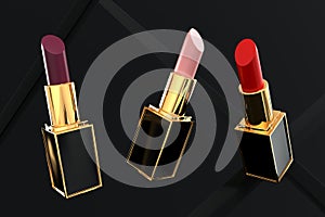 Three different tubes of lipstick on black background 3D render