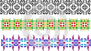 Three different types of ornament, black and white, green yellow and violet blue. Flowery patterns in vector