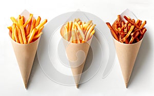 Three different varieties of French fries portions in paper cones, on white background. Take-away tasty food. Generative AI