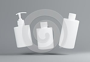 Three different white plastic cosmetic product floating bottles set template on gray background 3D render