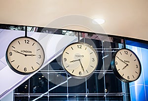 Three differnt international hanging wall clock, London, Tokyo, Paris