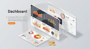 Three digital dashboard interfaces display various data visualizations. The screens