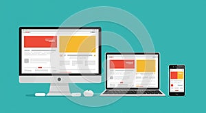 Three digital devices displaying the same website layout: a desktop computer, a