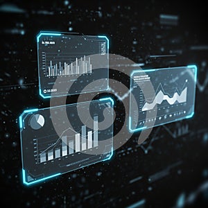 Three digital screens display data visualizations against a dark background. Each