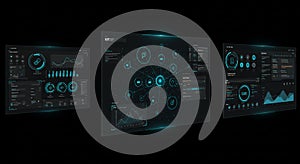 Three digital screens display interconnected data visualizations and graphs on a dark