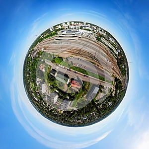 A three dimensional aerial panoramic view of Kouvola railway station and city center