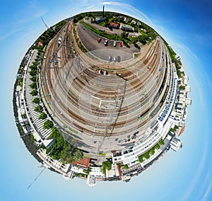 A three dimensional aerial panoramic view of Kouvola railway station and city center