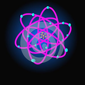 three dimensional  atomic structure with fundamental particles electrons protons and neutrons illustration.