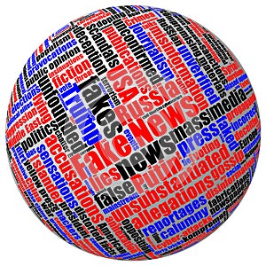 Three-dimensional ball with colored fake news tag word cloud