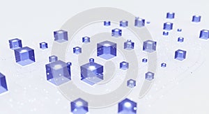 Three dimensional blue cubes scattered on white background with grid pattern representing data network