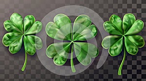 Three dimensional clover shamrock banner border. Green border with leaf confetti. Isolated on transparent background