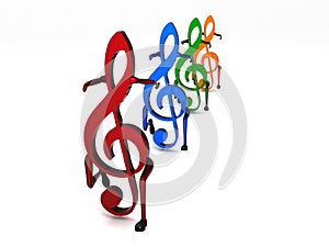 Three dimensional dancing musical notes in row