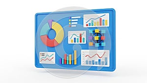 Three-dimensional data visualization dashboard displaying various charts and graphs
