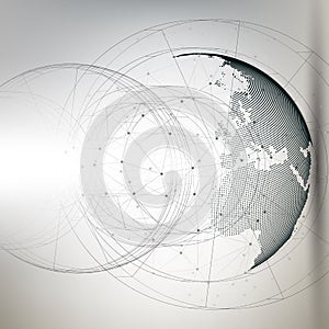 Three-dimensional dotted world globe with abstract construction and molecules on gray background, low poly design vector