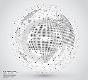 Three dimensional dotted world map with wireframe sphere