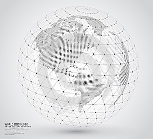 Three dimensional dotted world map with wireframe sphere photo